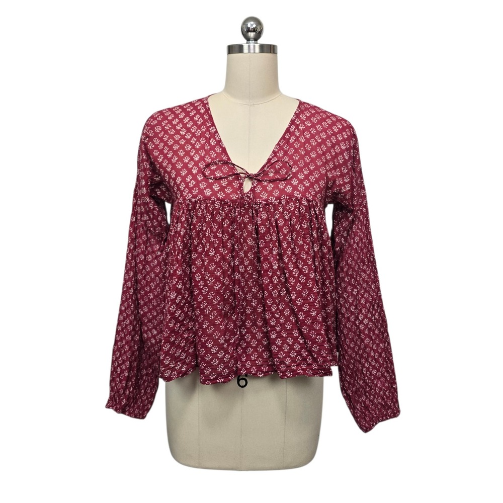 Daughters of India Red Floral Cotton Boho Babydoll Blouse V-Neck Top Small FLAW